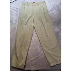 Arrow Pants Mens 36x34 Khaki Pleated Cuffed 100% Cotton Classic Career Preppy
